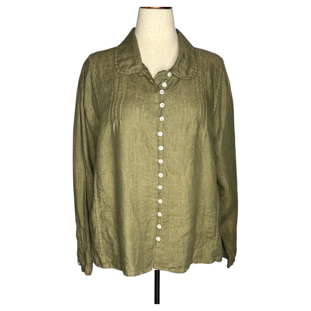 Breathe Clothing Blouse Sz L XL Washed Olive Handmade Linen Poet's Shirt Pleated